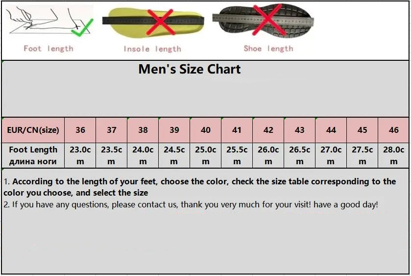 Men's size chart for shoes with foot length, insole length, and shoe length measurements.