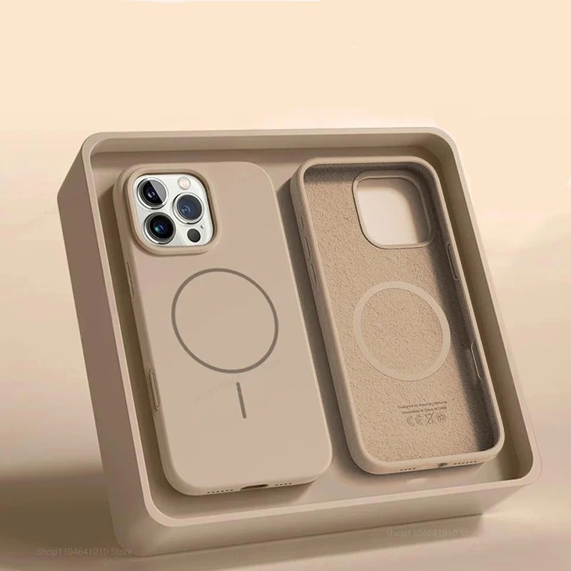 Beige silicone phone case with magnetic design on a beige background