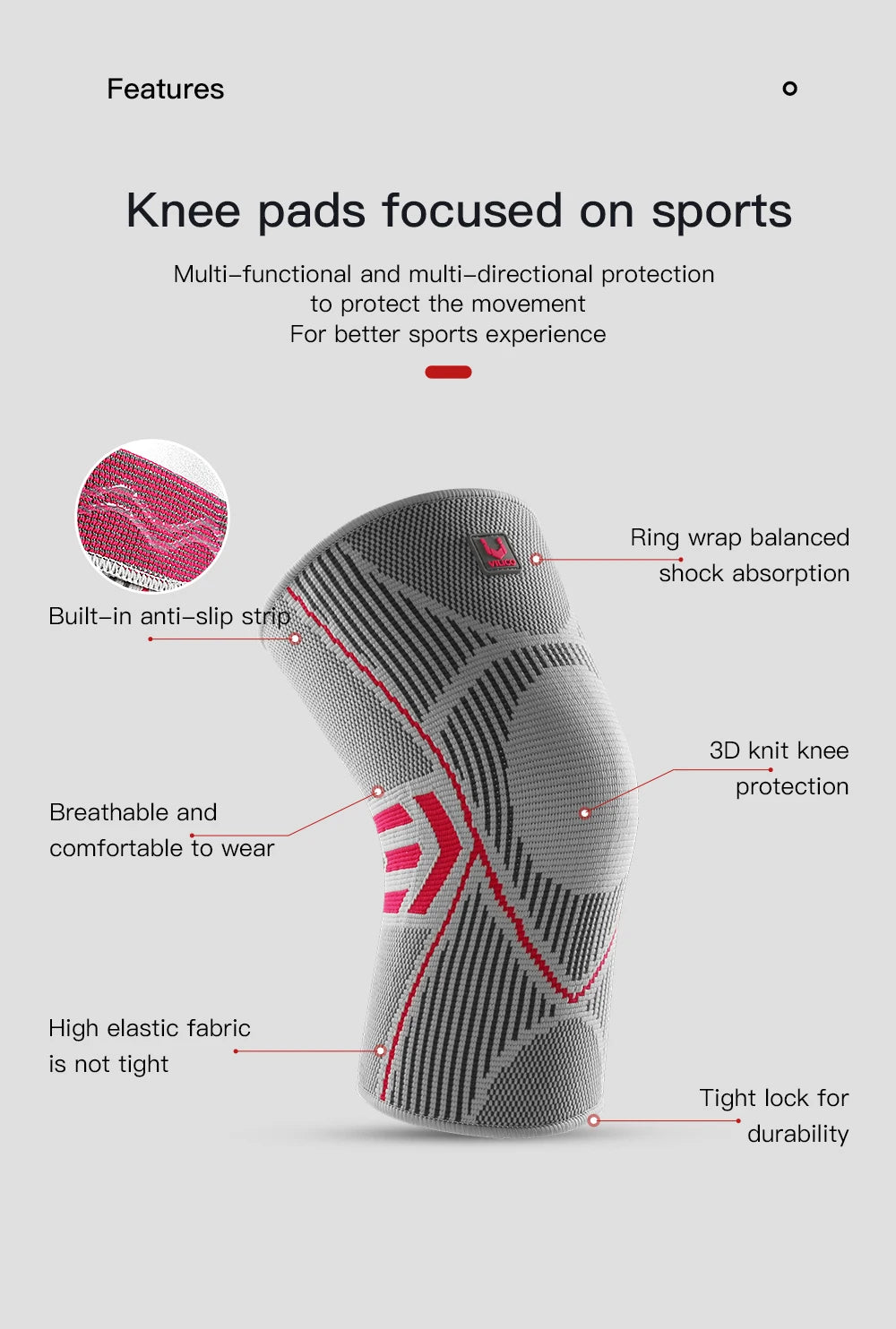 Knee pad with features highlighted on a gray background