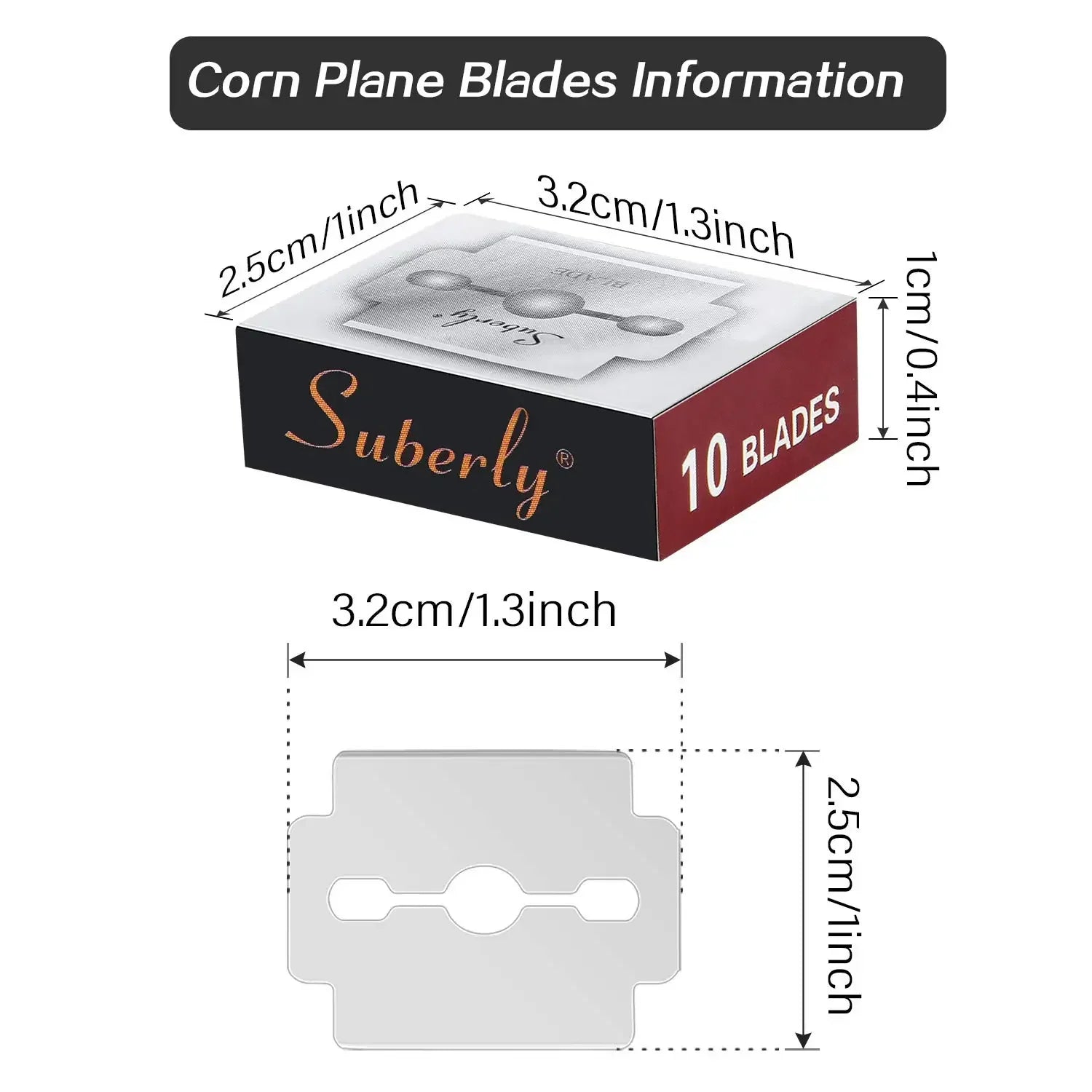 Corn plane blades with dimensions and Suberly branding on a white background