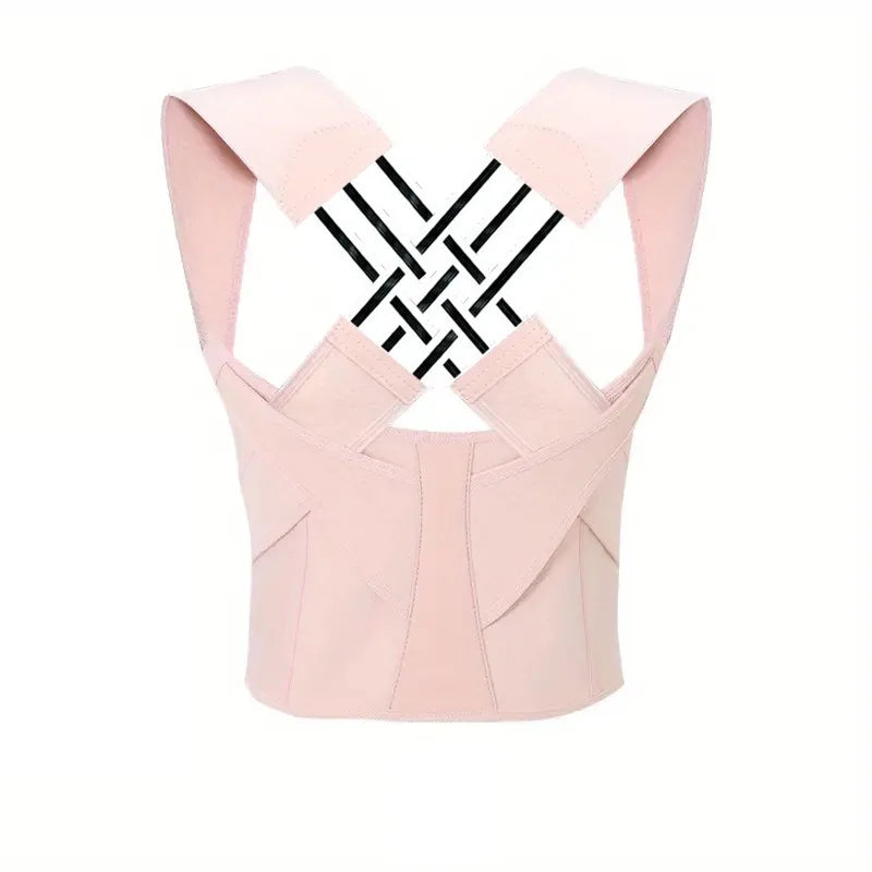 Adjustable back support strap for shoulder alignment and daily posture comfort Pink crop top with geometric cutout design on a white background