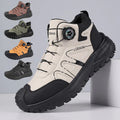 Men's high-top buckle boots with bonded leather upper, chunky thick PVC sole, and rotary buckle fastening in black, beige, brown, green, and dark khaki.