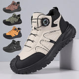 Men's high-top buckle boots with bonded leather upper, chunky thick PVC sole, and rotary buckle fastening in black, beige, brown, green, and dark khaki.