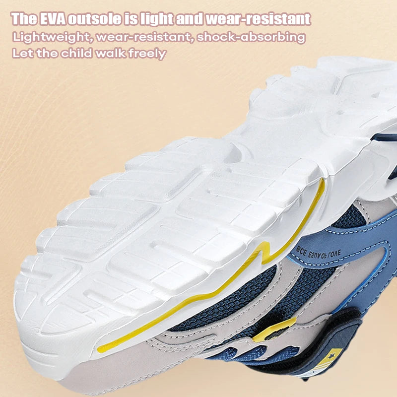 White sneaker with blue and yellow accents on a beige background