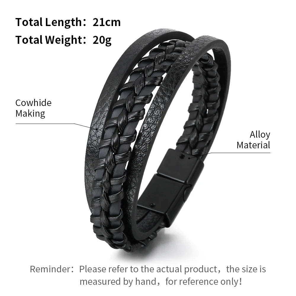 Mens braided leather bracelet with stainless steel clasp multilayer rope wristband