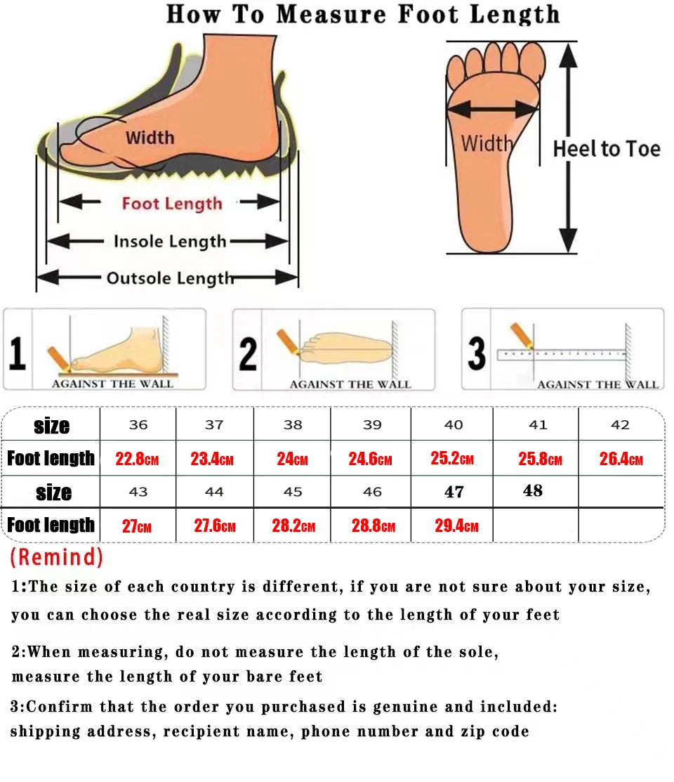 Chart showing how to measure foot length with illustrations and a size chart.