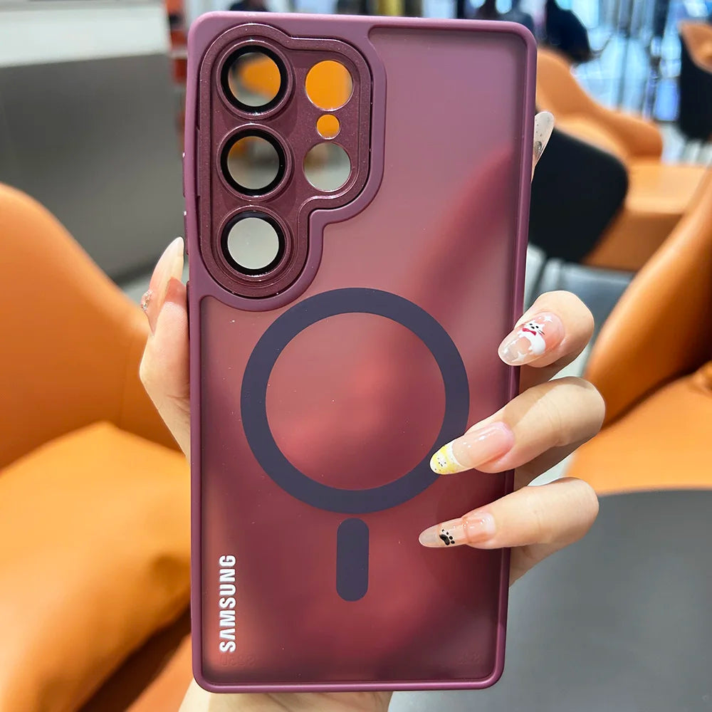 Magnetic matte translucent Samsung Galaxy case with camera lens protection and shockproof bumper