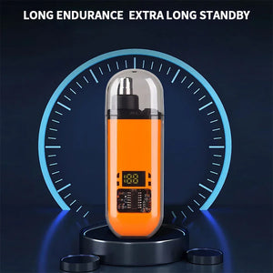 Orange Electric Nose & Ear Hair Trimmer for Men with digital display on a dark background, emphasizing long endurance and extra long standby time.