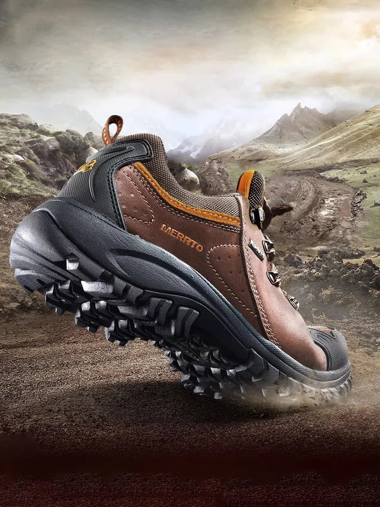 Hiking shoe with Merrell branding on a mountainous landscape background