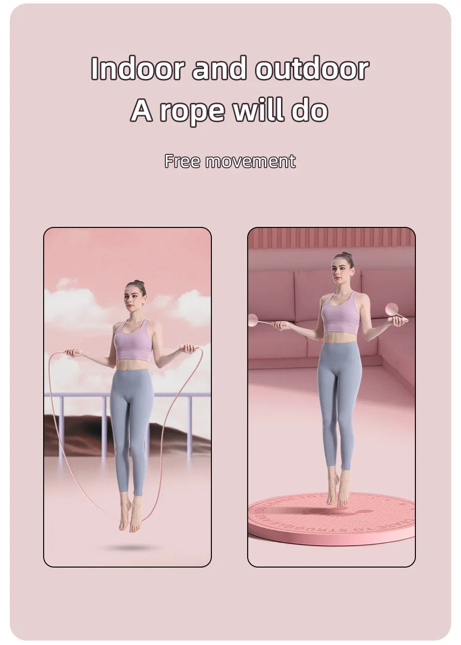 Two images of a woman exercising with a Smart jump rope and on a trampoline against a pink background.