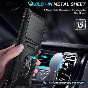 Phone case with metal plate attachment feature for magnetic car mount, held by hand over car interior.