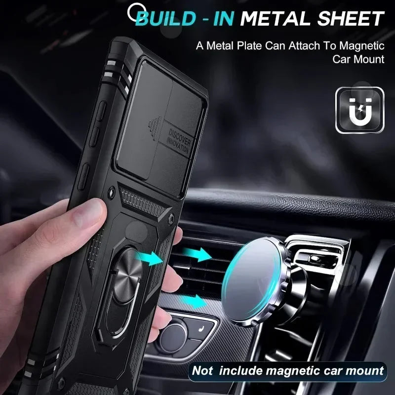 Phone case with metal plate attachment feature for magnetic car mount, held by hand over car interior.