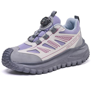 Gray and purple safety work shoe on a white background