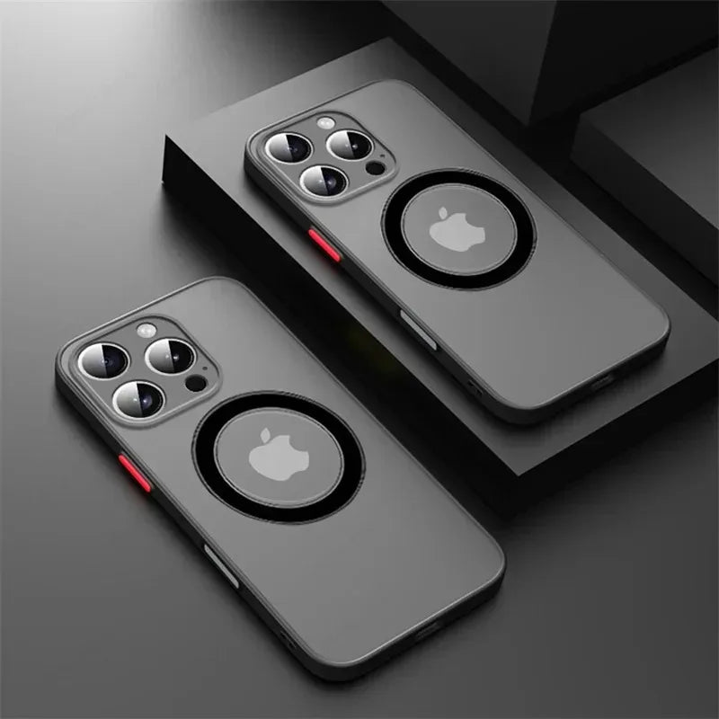 Two black Matte armor magnetic iPhone case compatible with MagSafe on a dark background