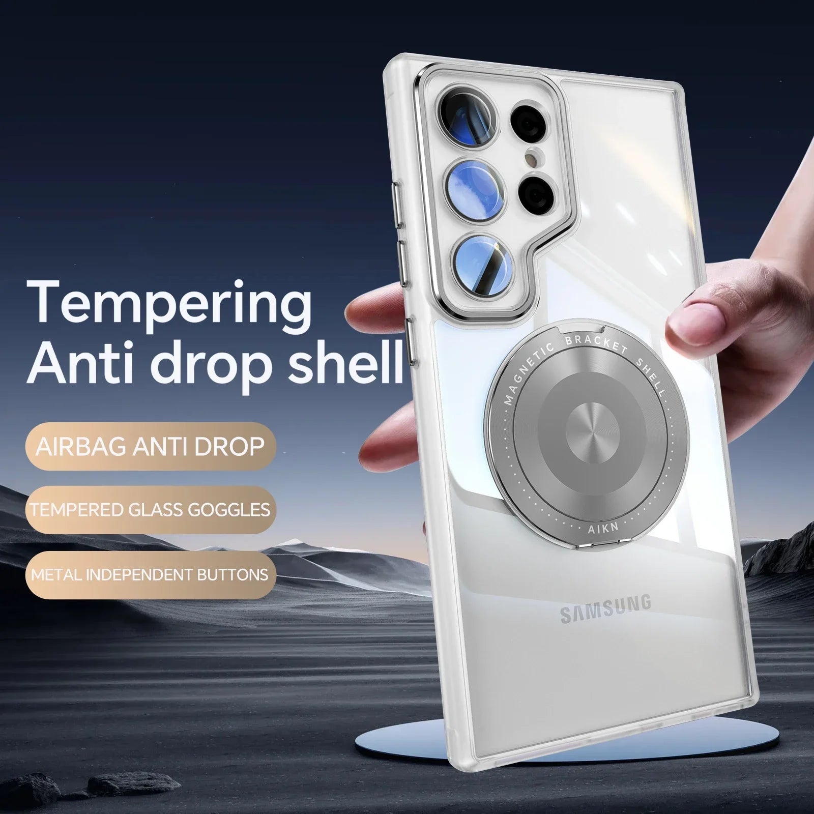 Transparent frosted magnetic Samsung Galaxy case with rotating ring stand and full shockproof coverage