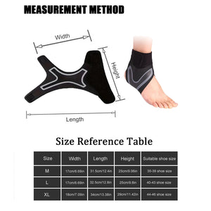 Measurement guide for a black ankle support brace with a size reference table.