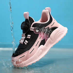 Pink and black sneaker with water splashing around it on a blue background