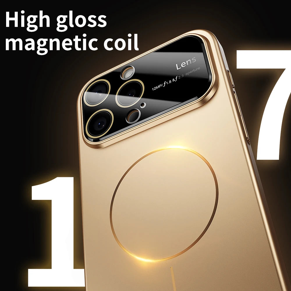 Gold phone case with magnetic coil feature on a dark background