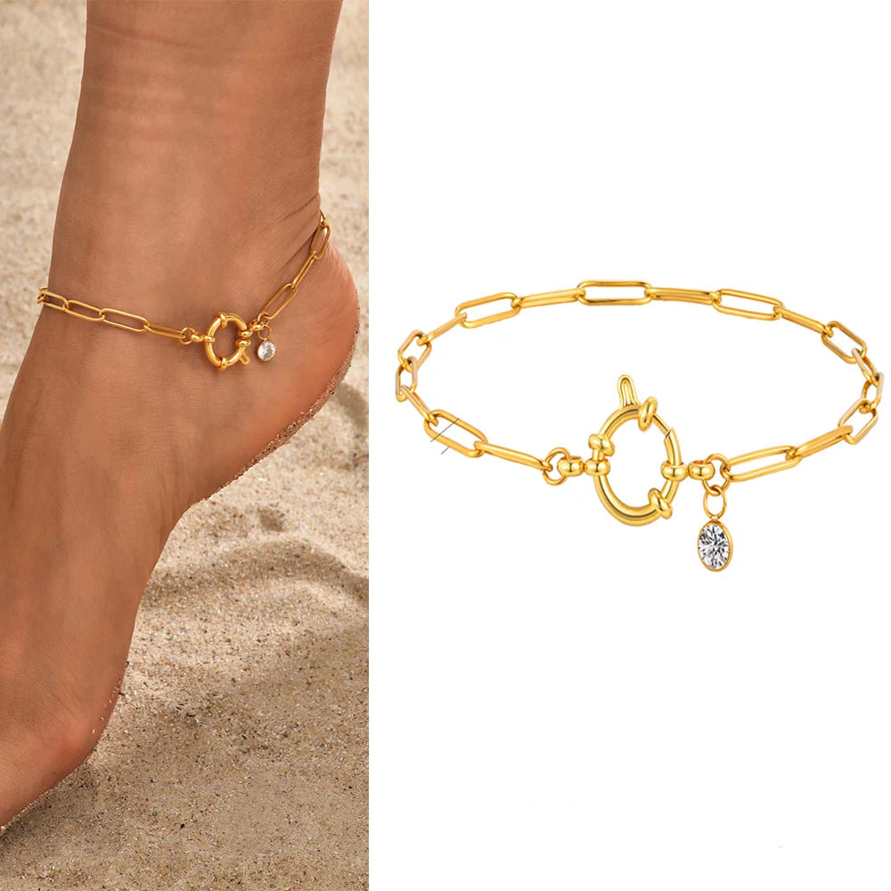 Gold plated stainless steel heart anklet bracelet for women delicate adjustable foot jewelry