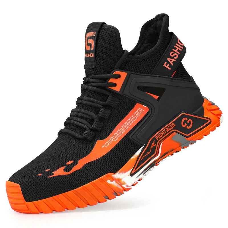 Black and orange safety work boot with 'Fashion' text on a white background