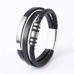 Mens braided leather bracelet with stainless steel clasp multilayer rope wristband