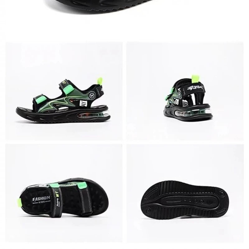 Black children's sandals with green accents on a white background