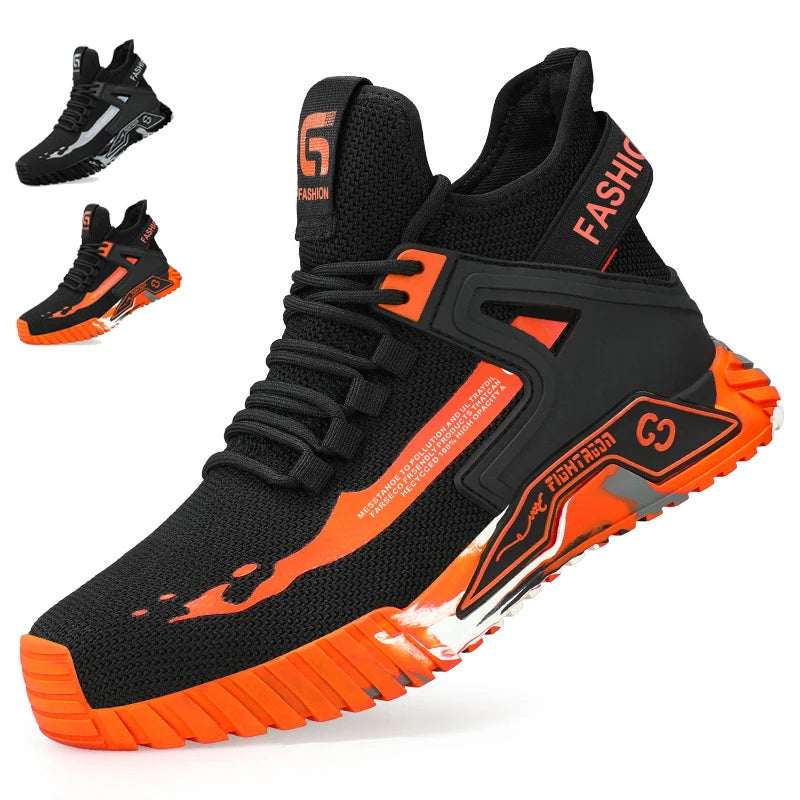 Black and orange safety work boots with a mesh upper, lace-up front, and chunky sole, shown on a white background with two smaller alternate views in the top left.