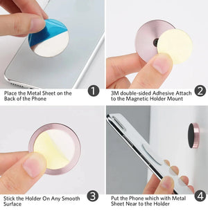 Step-by-step guide on how to use a phone holder with adhesive and magnetic components.