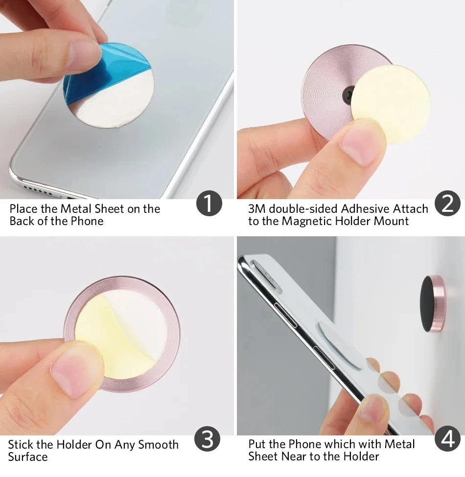 Step-by-step guide on how to use a phone holder with adhesive and magnetic components.