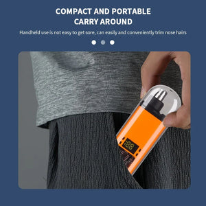 Handheld grooming Electric Nose & Ear Hair Trimmer for Men held by a person with text about its compact and portable design.