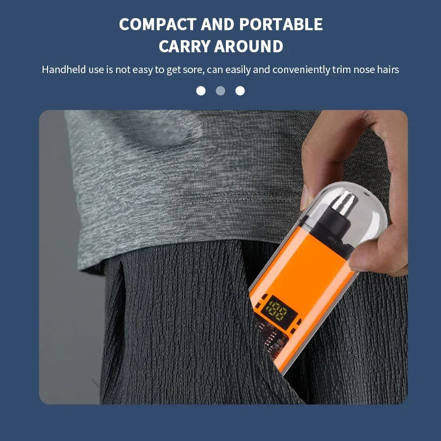 Handheld grooming Electric Nose & Ear Hair Trimmer for Men held by a person with text about its compact and portable design.