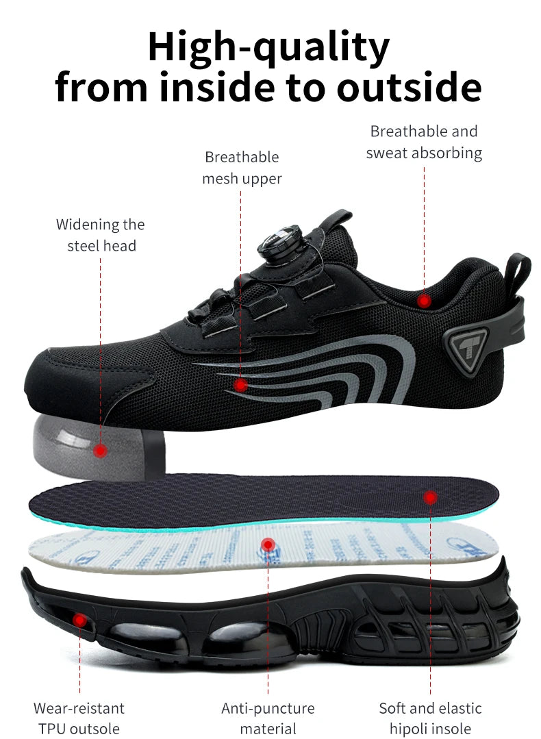 Black work shoe with features highlighted on a white background