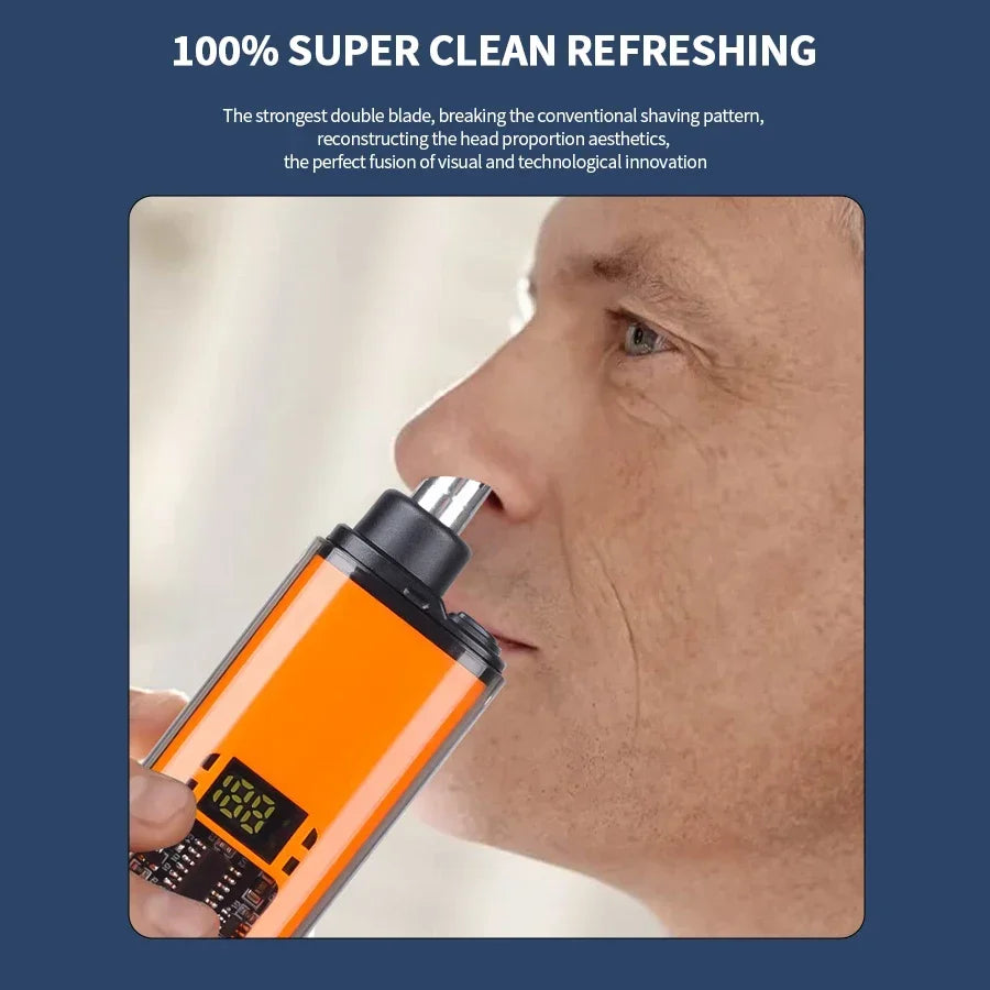 Man using an orange Electric Nose Hair Trimmer on his face with a blue background and text about the product's features.