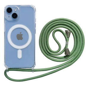 Blue Crossbody Magnetic Clear iPhone Case with Lanyard Hard PC Back Cover and green lanyard on a white background