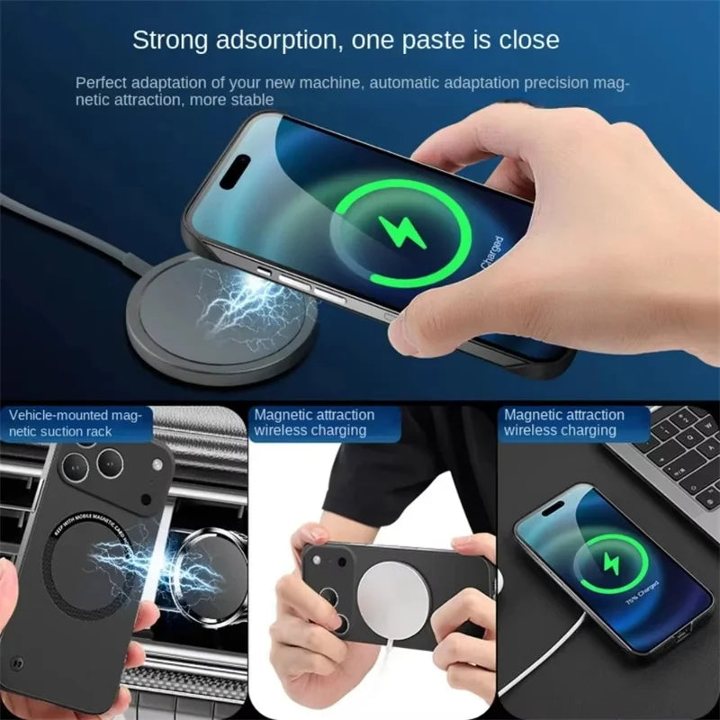 Magnetic iphone holder and wireless charging pad with text on a blue background