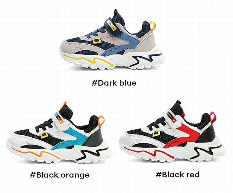 Three pairs of colorful sneakers with color labels on a white background