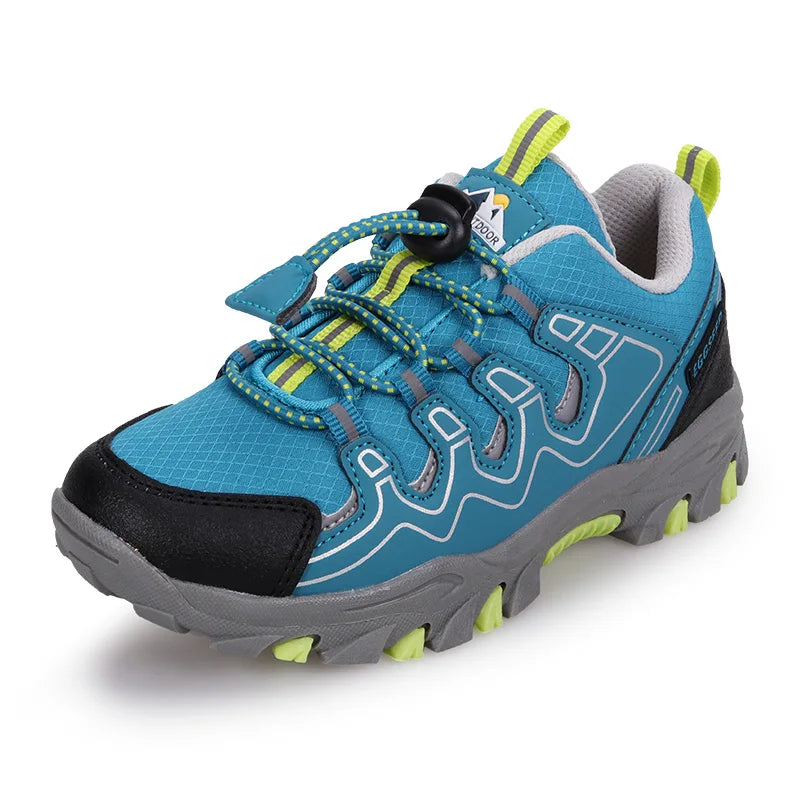 A blue and gray outdoor hiking shoe with lime green accents, featuring a quick-release strap and a rugged sole, shown on a white background.