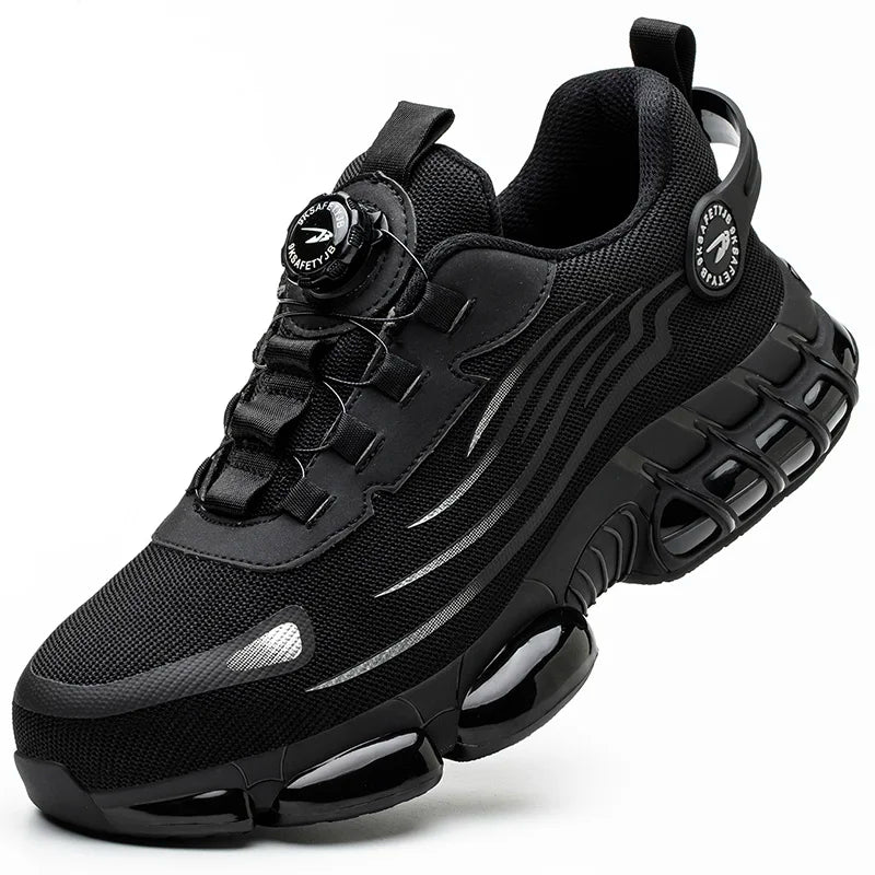 Black work shoe sneaker with visible brand logos on a white background
