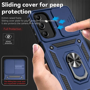 Blue Samsung phone case with sliding cover for privacy protection, held by a hand.