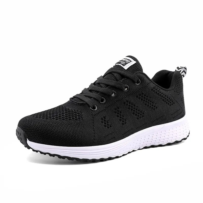 Black running shoe with white sole on a white background