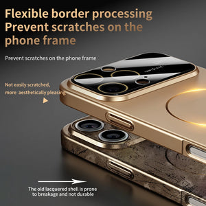 Gold phone case with text highlighting its benefits on a dark background