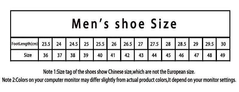 A size chart labeled 'Men's shoe Size' showing a table with foot length in centimeters and corresponding Chinese shoe size, plus two notes below explaining that shoe tags show rather than European size and that monitor color may differ slightly.