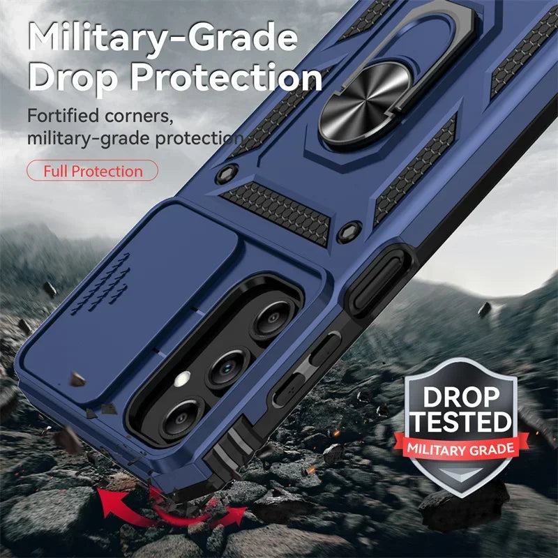 Samsung Rugged phone case with military-grade drop protection features on a rocky background