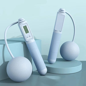 Two blue Smart jump ropes with digital displays on a light blue background