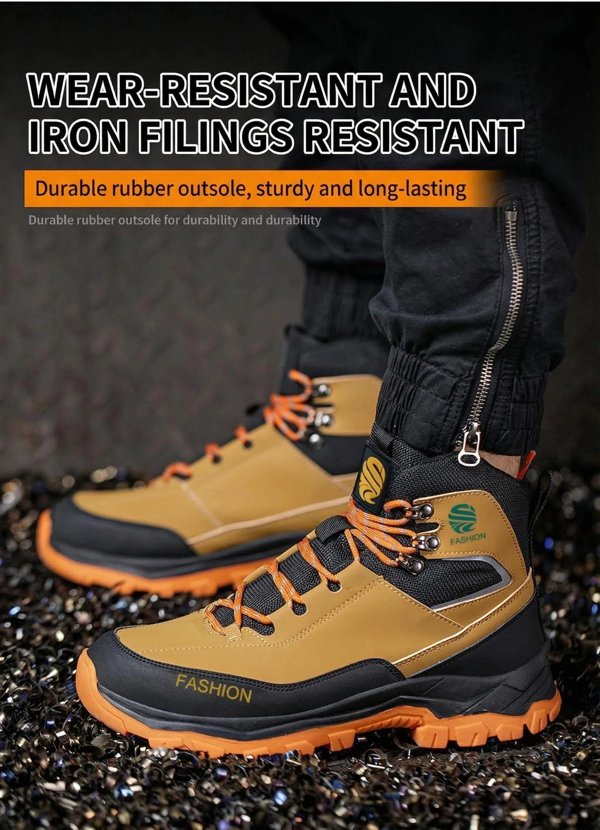 Yellow and black safety boots with orange soles on a dark background, featuring text about durability.