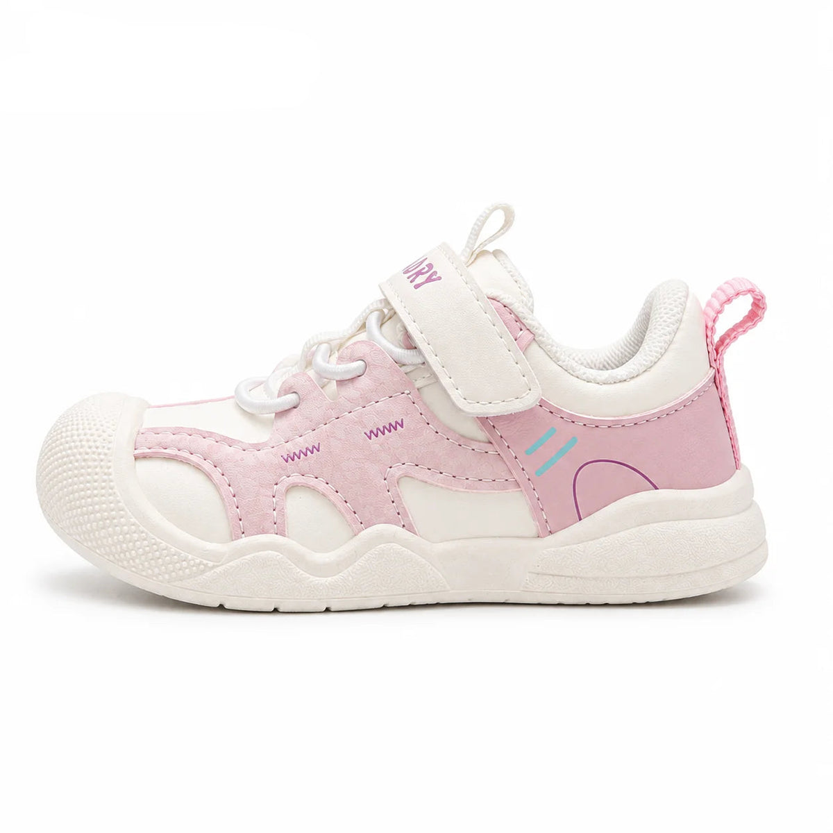 A children's running shoe by in pastel pink and white, featuring a hook-and-loop strap closure, white laces, and a textured white rubber sole, shown against a plain white background.