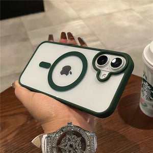 Luxury Magnetic Transparent Bumper Case for iPhone 11–17 held by a hand on a wooden surface