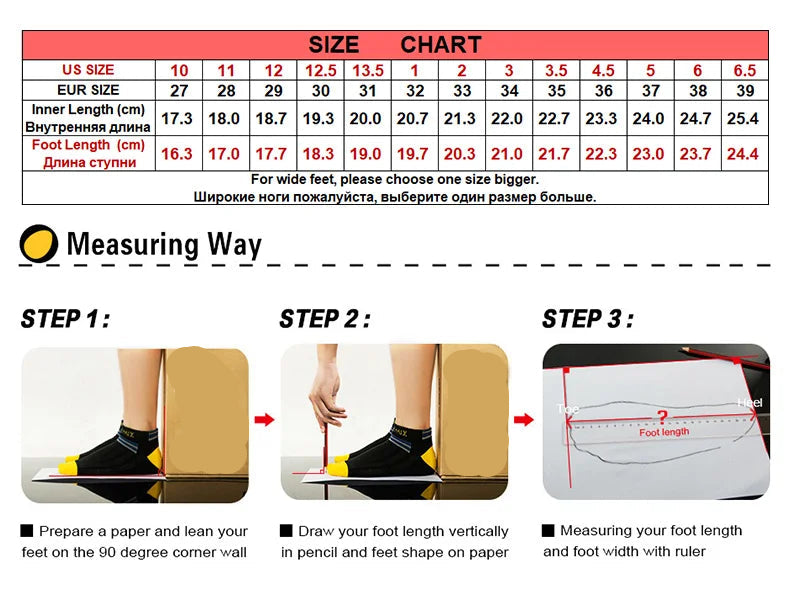 A size chart and measurement guide for UOVO shoes, showing a size table from US size 10 to 6.5 and three illustrated steps for measuring foot length and width.