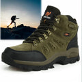 Green hiking boot with black sole on a white background