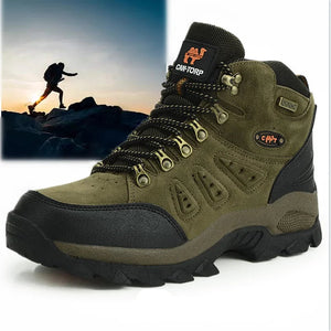 Green hiking boot with black sole on a white background